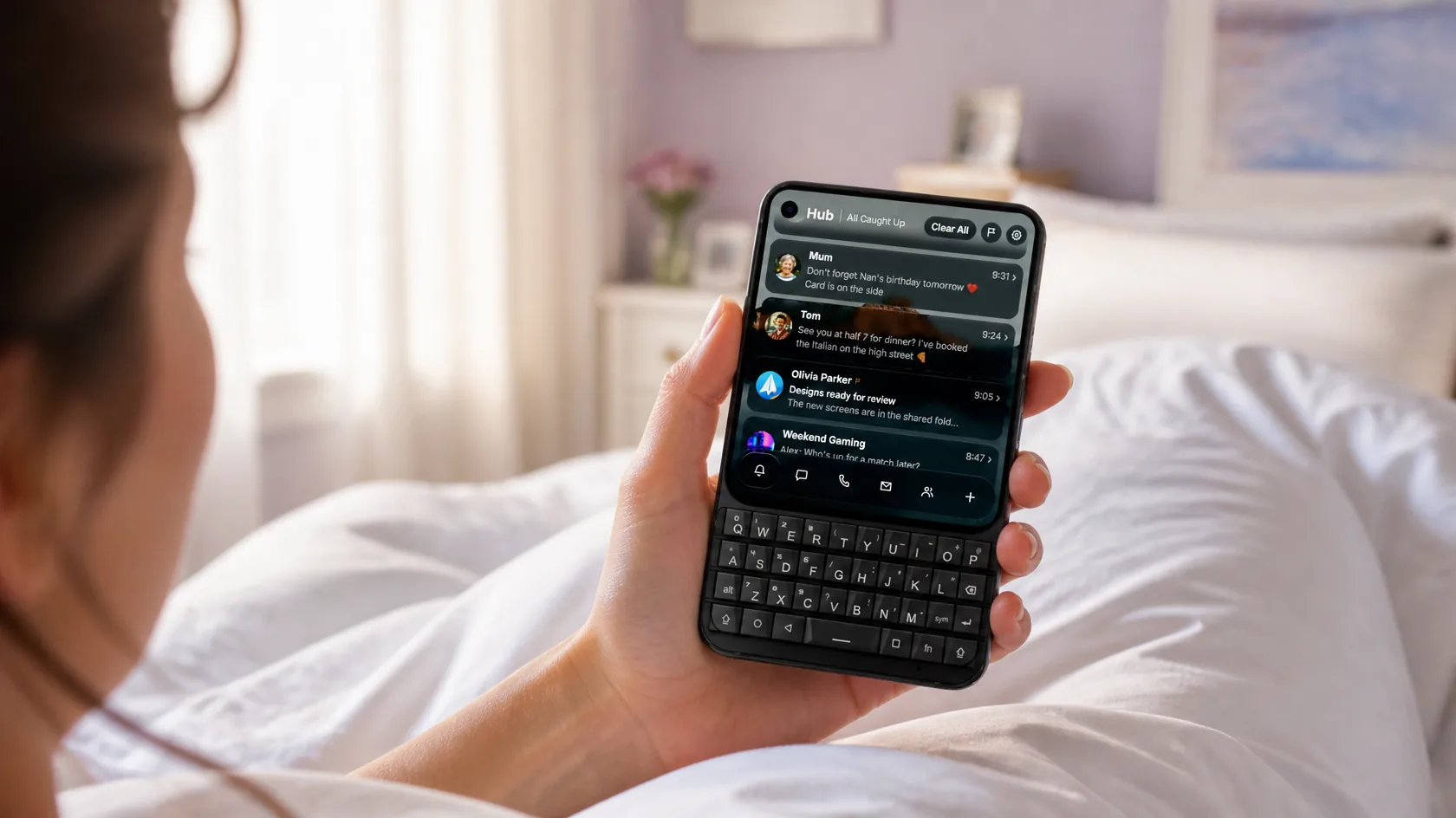 Someone reading the Glass OS Hub on a Unihertz Titan 2 Elite