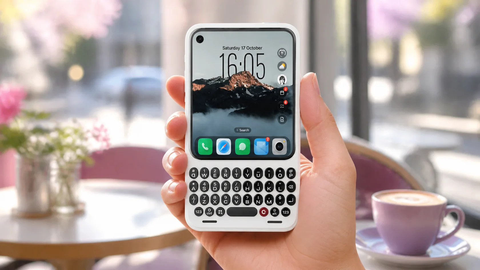 Someone holding a Clicks Communicator with the Glass OS Home Screen on it