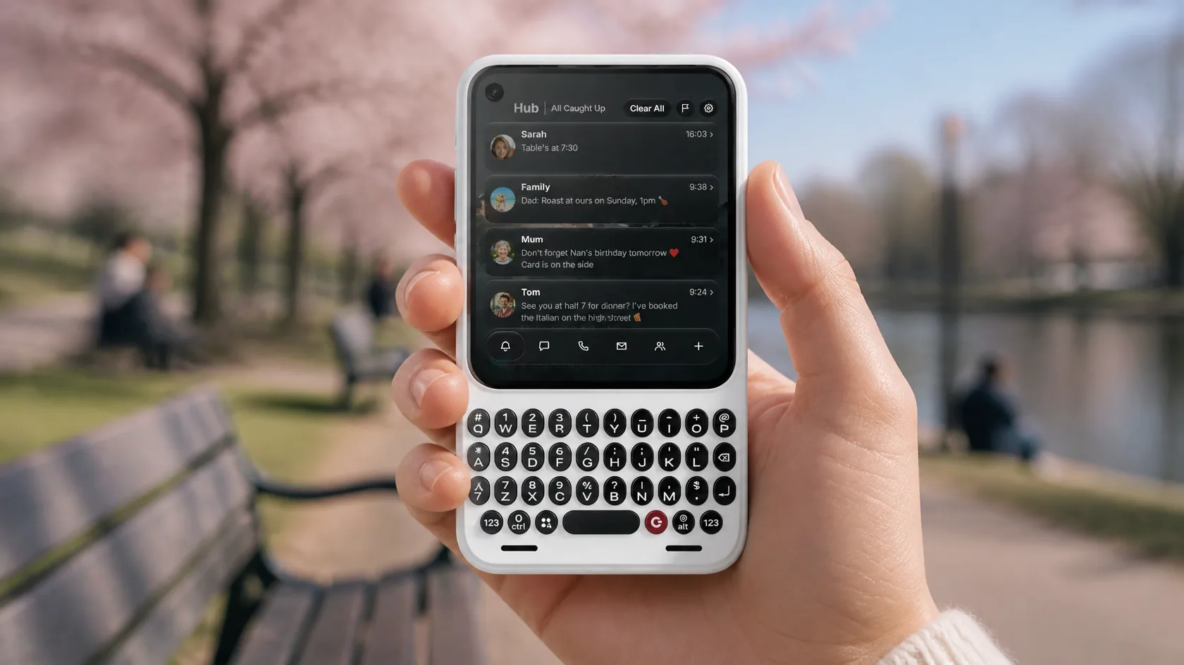 Someone reading the Glass OS Hub on a Clicks Communicator