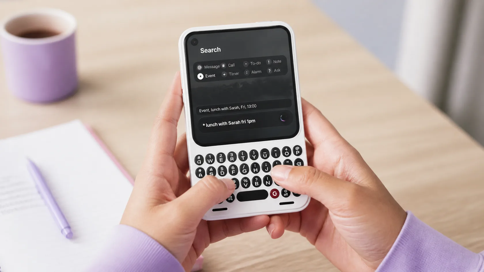 Someone typing on a Clicks Communicator running Glass OS