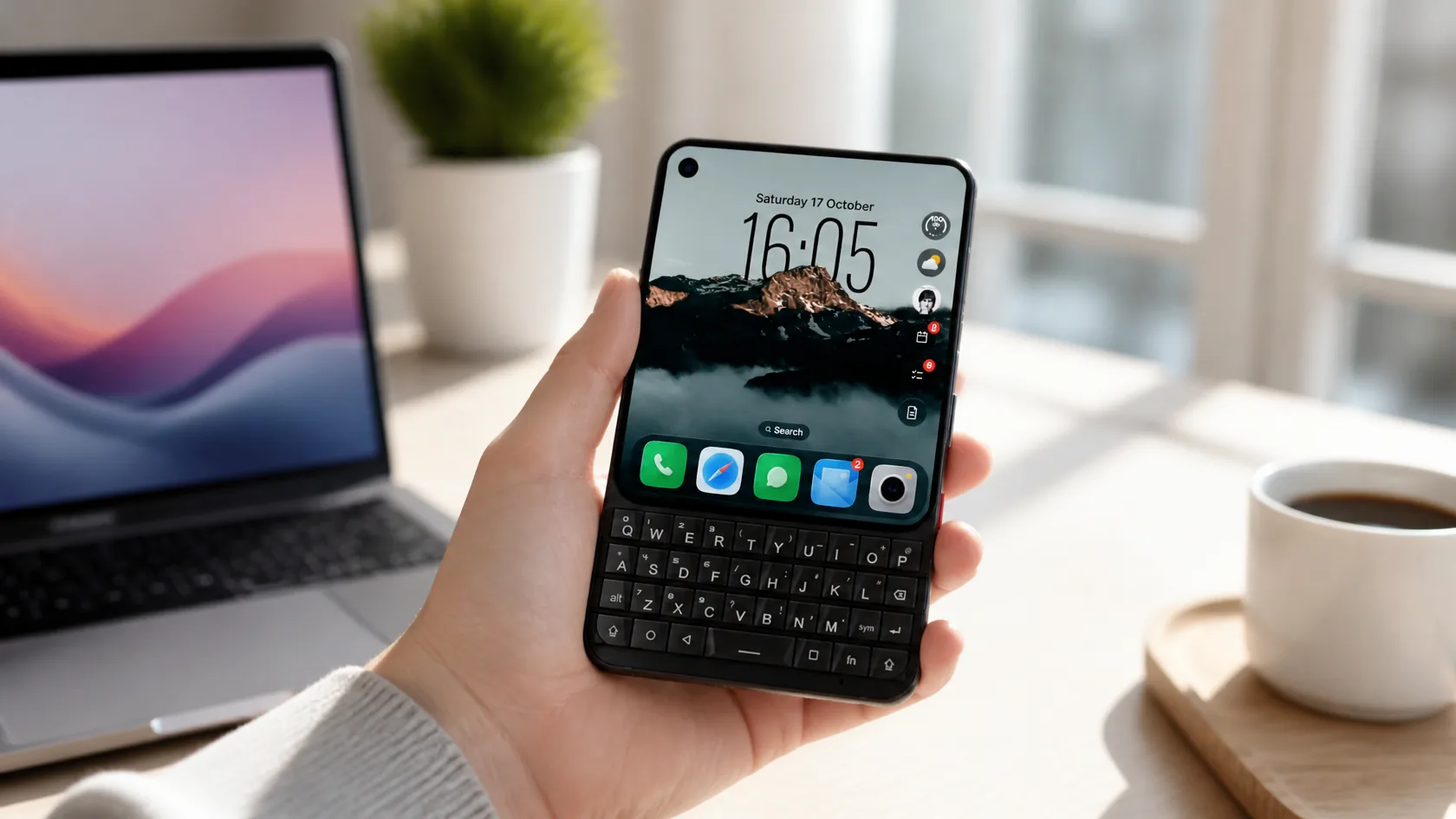 Someone holding a Unihertz Titan 2 Elite with the Glass OS Home Screen on it