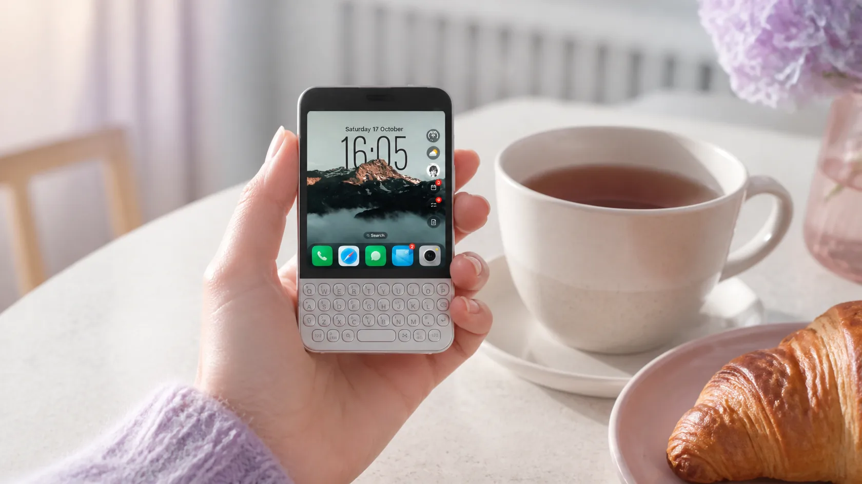 Someone holding a Minimal Phone 2 with the Glass OS Home Screen on it