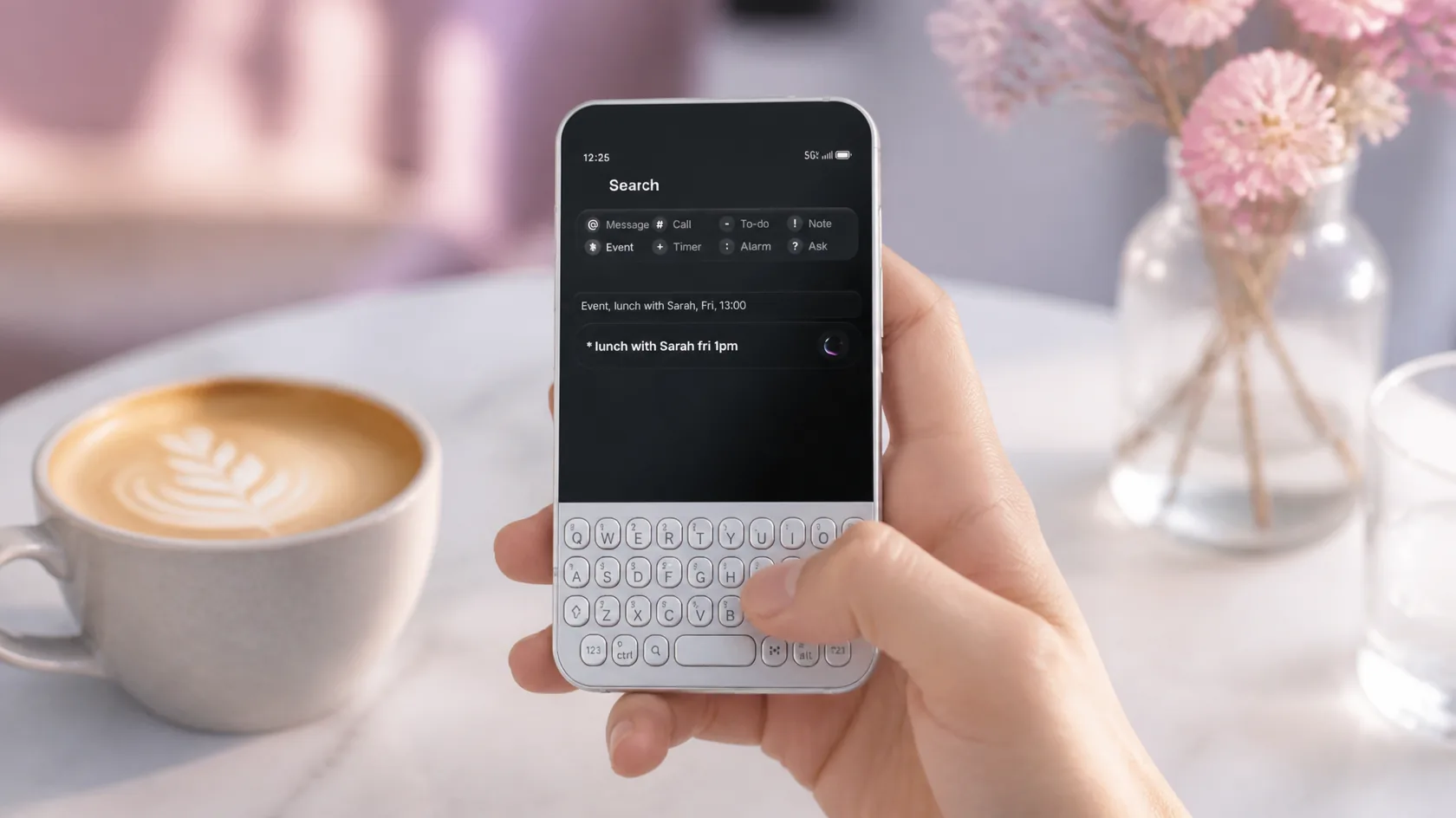 Someone typing on a Minimal Phone 2 running Glass OS