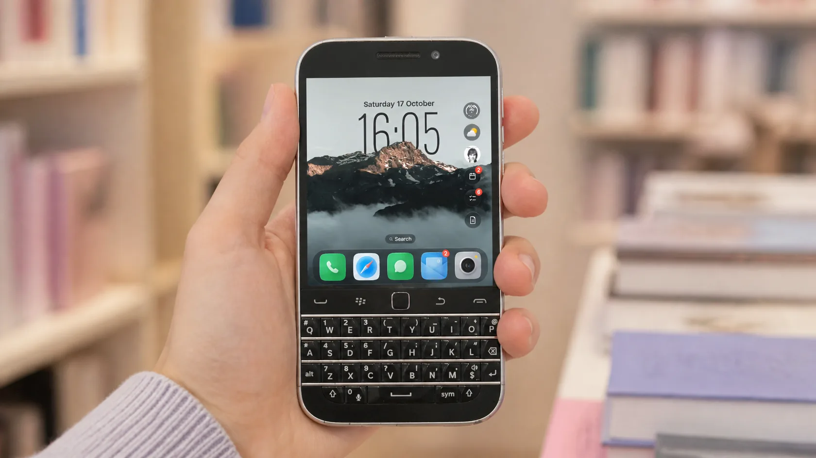 Someone holding a Zinwa Q25 with the Glass OS Home Screen on it