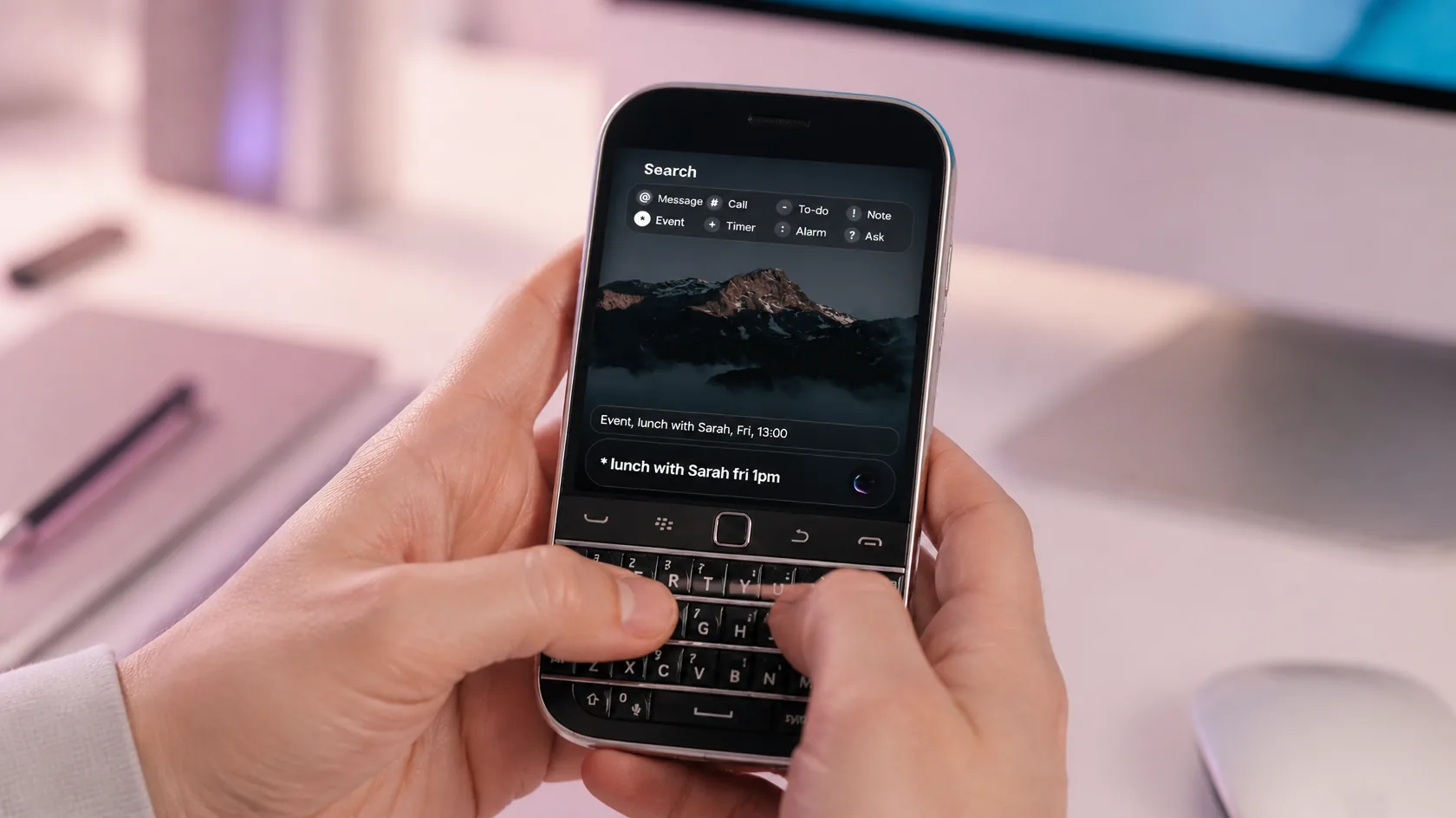 Someone typing on a Zinwa Q25 running Glass OS