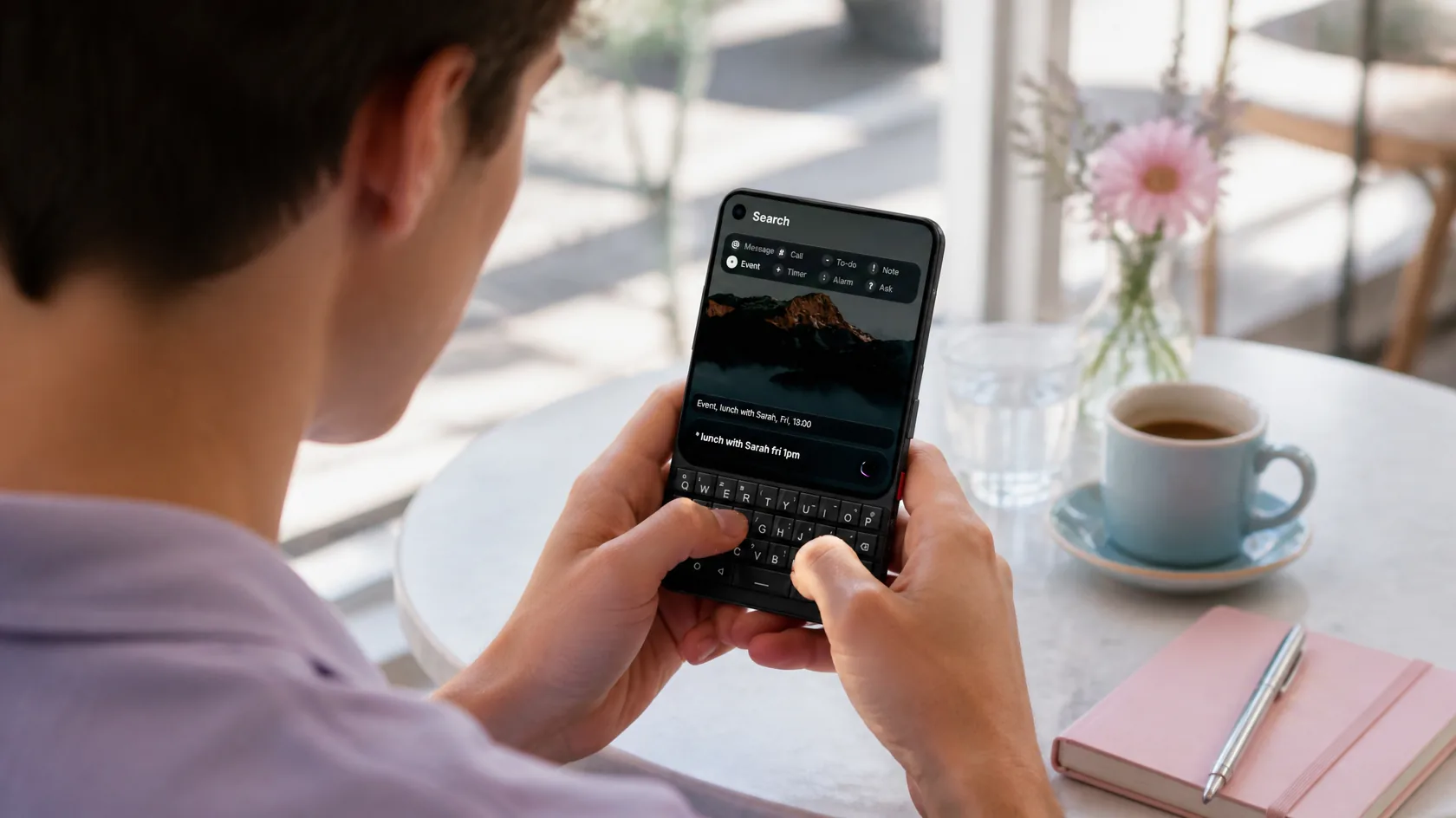 Someone typing on a Unihertz Titan 2 Elite running Glass OS