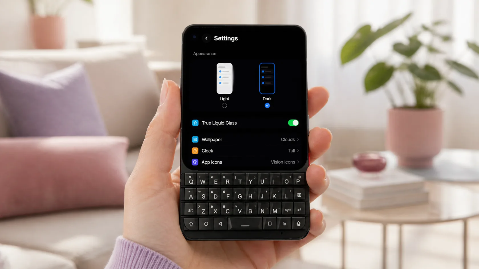 Someone changing Glass OS settings on a Unihertz Titan 2 Elite