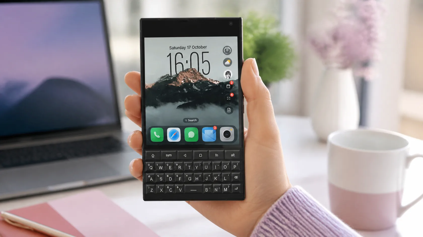 Someone holding a Unihertz Titan 2 with the Glass OS Home Screen on it
