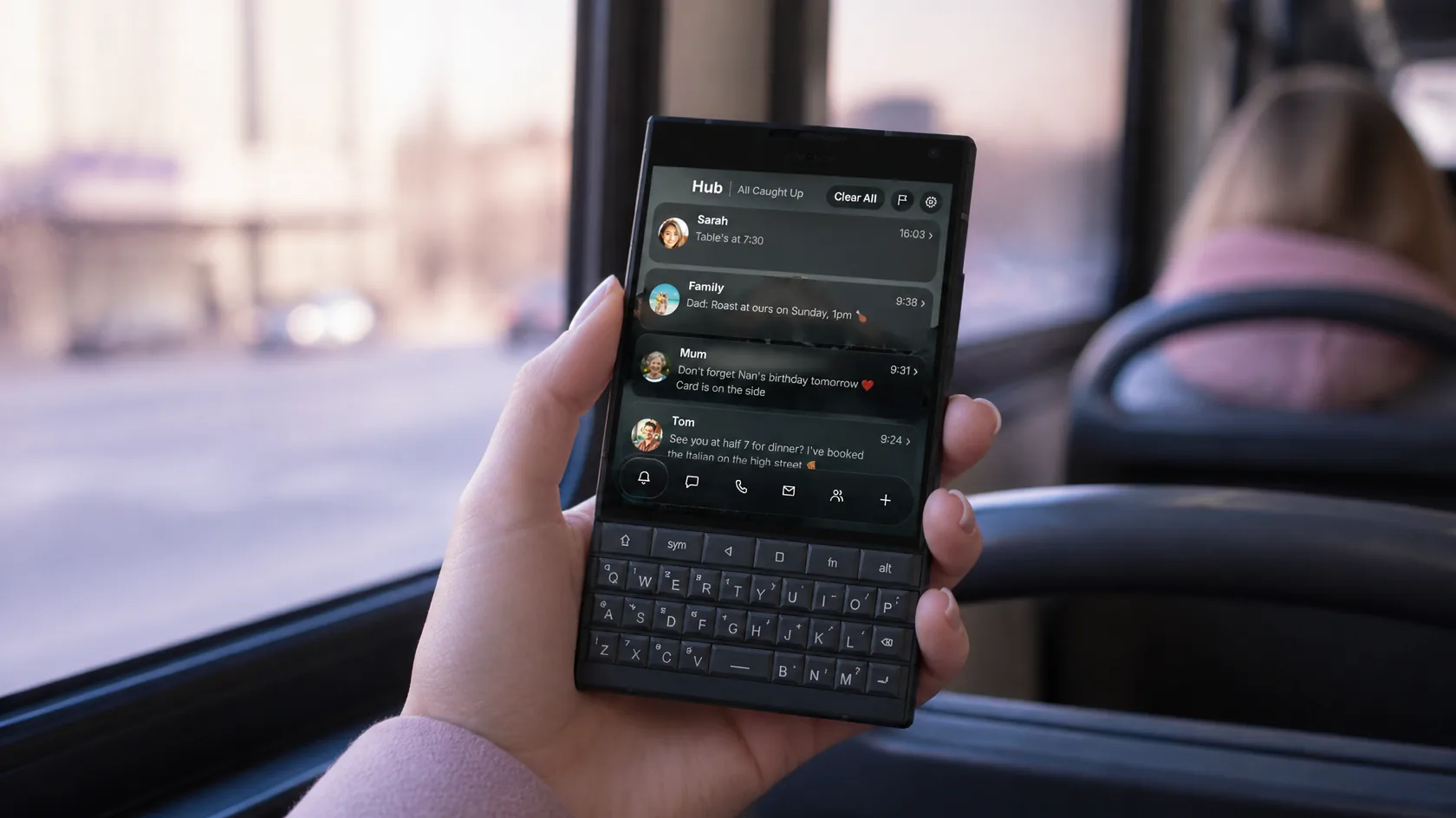 Someone reading the Glass OS Hub on a Unihertz Titan 2