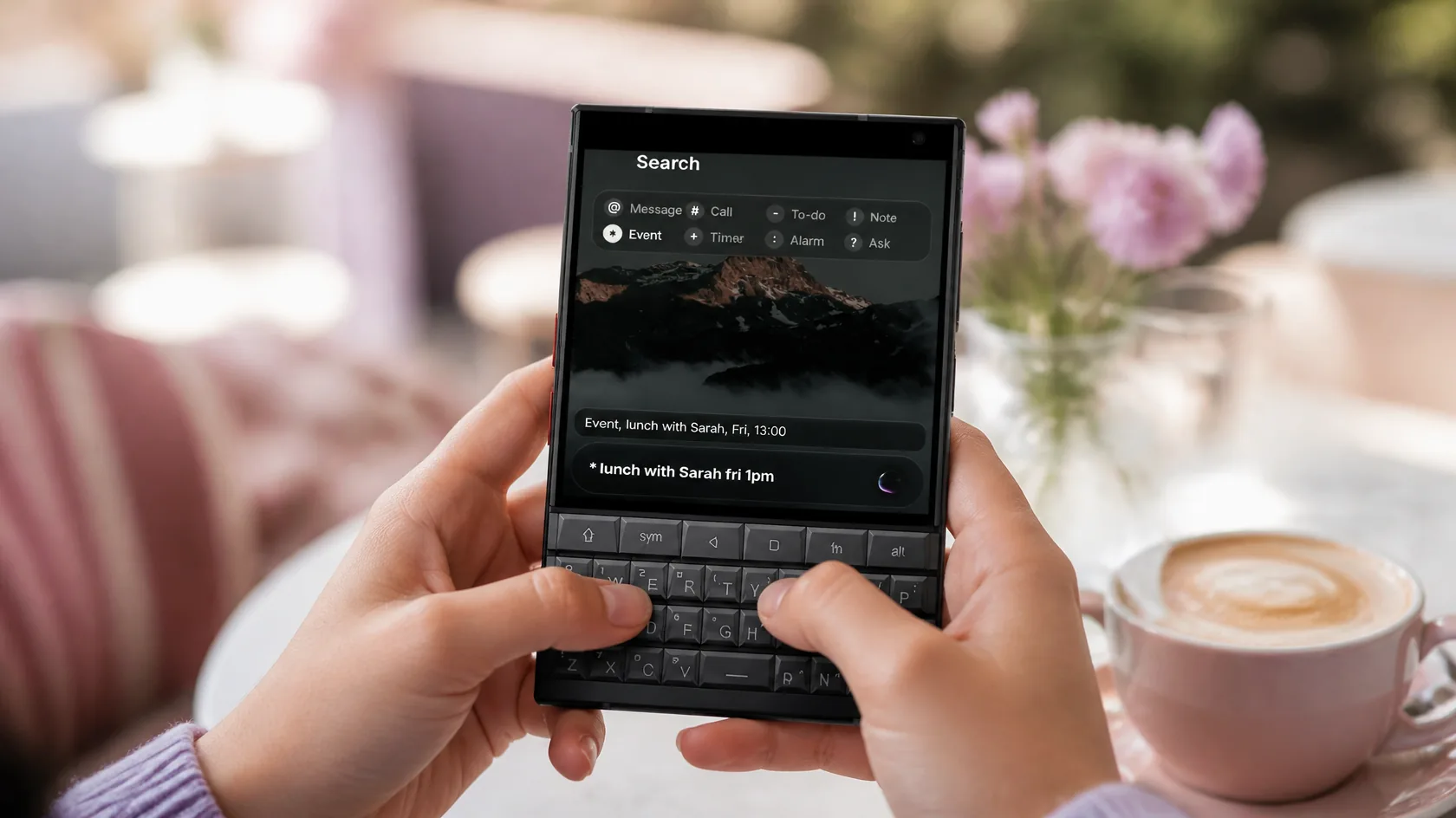 Someone typing on a Unihertz Titan 2 running Glass OS