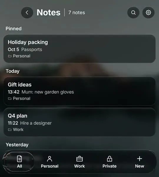 The built in Notes app in Glass OS on the Clicks Communicator