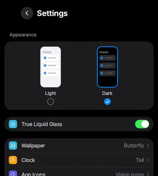 Glass OS Settings on the Minimal Phone 2, where the dock and widgets can be hidden