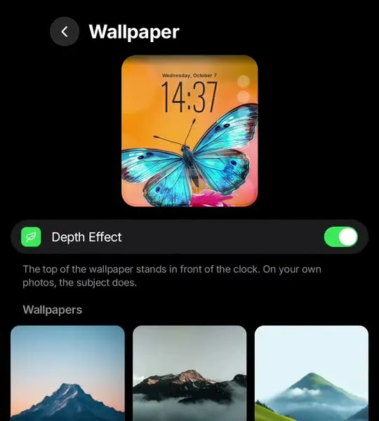 Glass OS depth effect wallpaper with the clock behind the subject