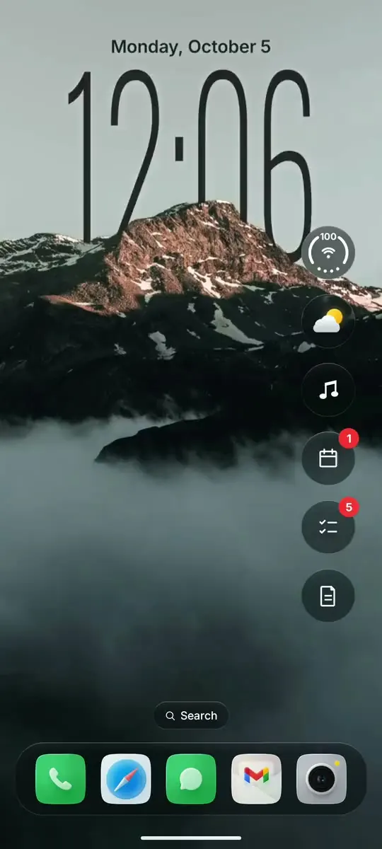Glass OS Home Screen on a touchscreen Android phone, with a mountain wallpaper and widget bubbles