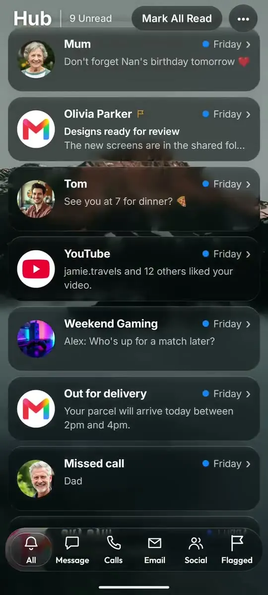 The Glass OS Hub on a touchscreen Android phone, with messages, email and missed calls together