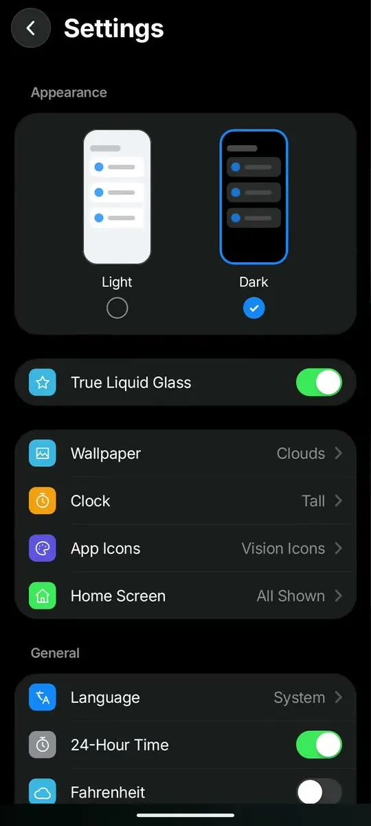 Glass OS Settings on a touchscreen Android phone, with themes, wallpaper, clock and icon options