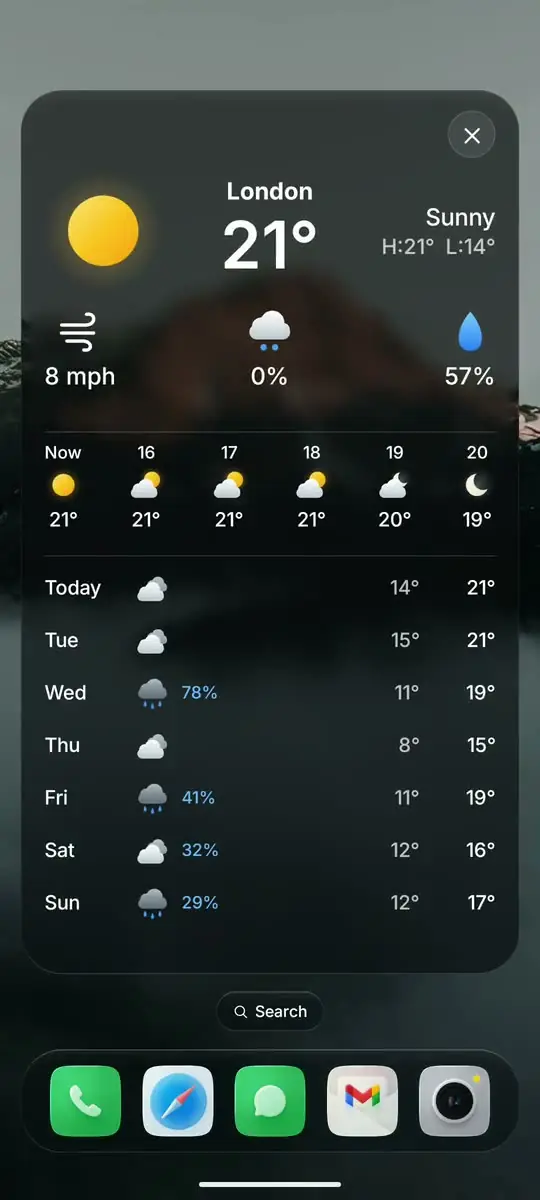 The Glass OS weather bubble opened on a touchscreen Android phone, with the hourly and weekly forecast